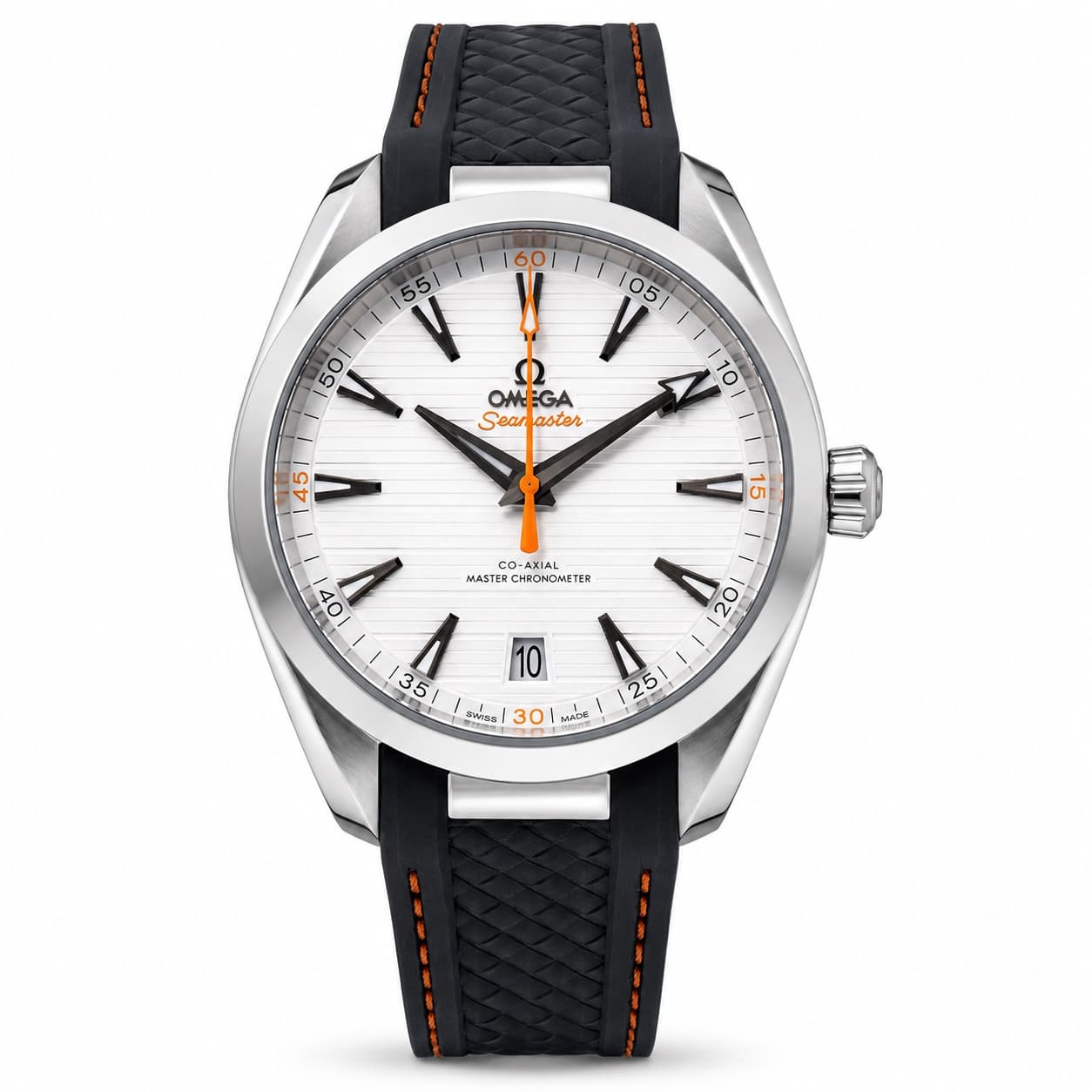 Reloj Omega Seamaster Aqua Terra con esfera blanca, detalles naranja y correa negra